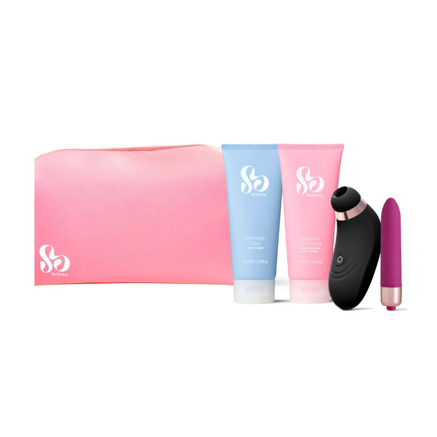 Набір для неї So Divine Pleasure Gift Set For Her (стимулятор клітора, 1 шт + віброкуля, 1 шт + гель, 100 мл + лубрикант, 100 мл + сумочка, 1 шт)